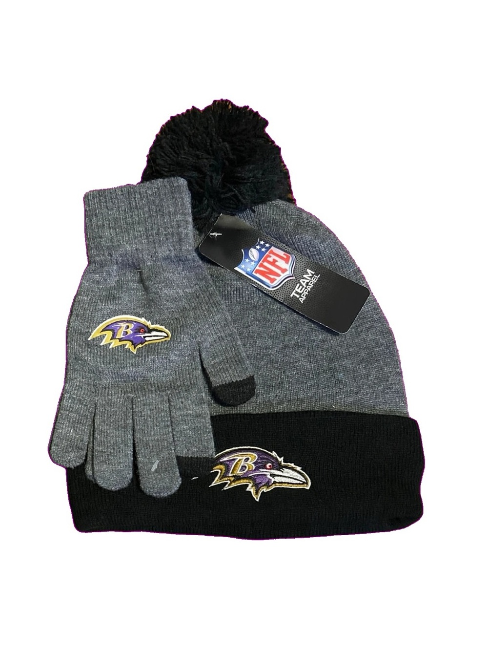 Baltimore Ravens Knit Hat Gloves Box Set NFL Team Apparel JCMD680F Gray Black OS